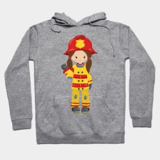 Girl Fireman, Female Firefighter, Brown Hair Hoodie